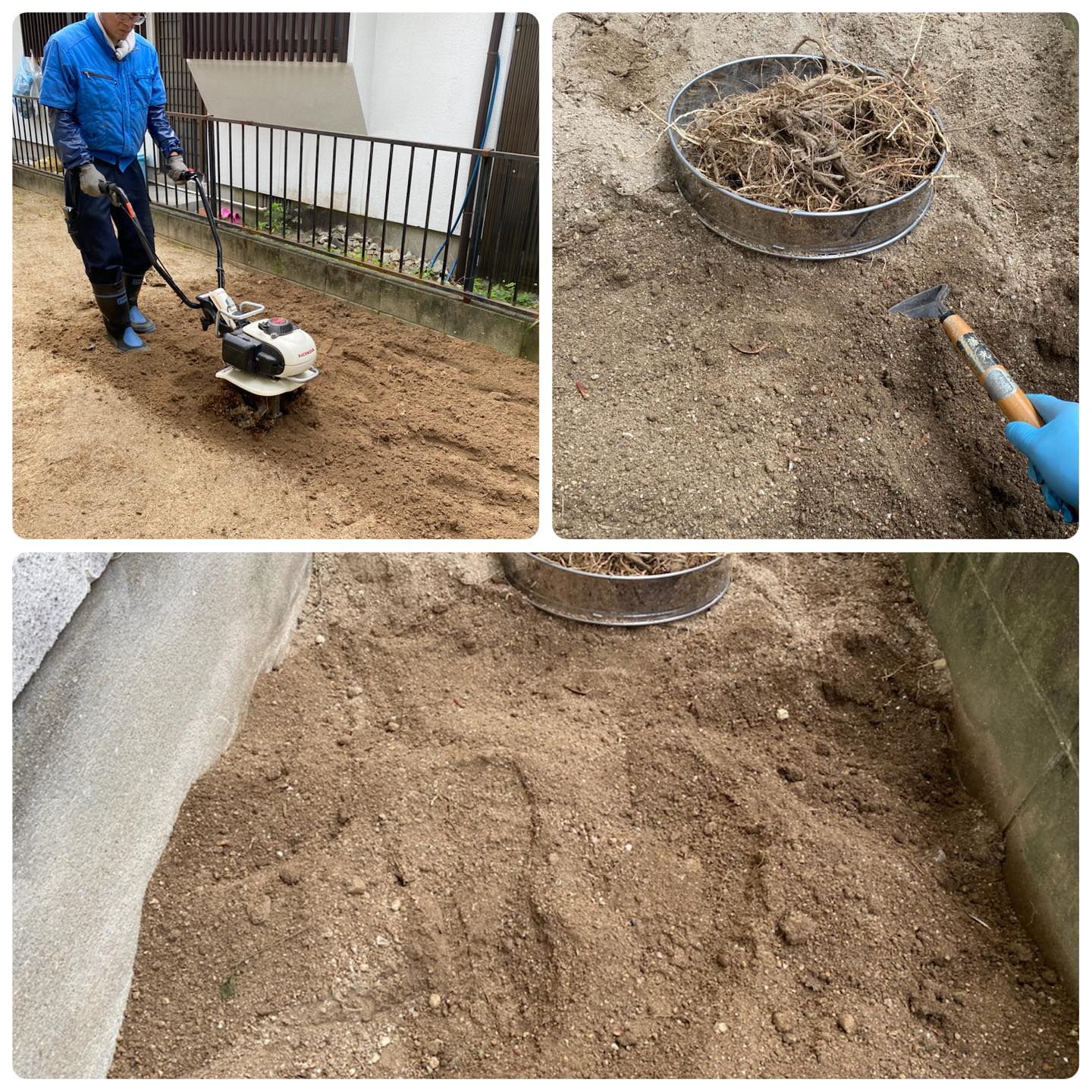 .【草取りエクストラコース】徹底的に根っこまで取って欲しいとのご要望には表面の草を除去土を耕運機で掘りおこし草取り鎌で根っこ取り除草剤3種類①草カラカラに枯らす②根っこから吸って枯らす③4〜6ヶ月草生えないようにバリア一度生えたら取り返しのつかないドクダミに効果的?#ドクダミ#エキストラコース#草取り#耕運機#除草剤